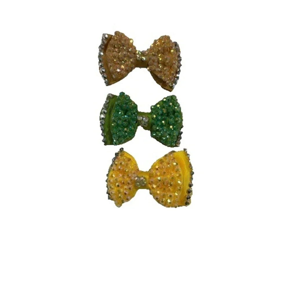 New Girls Hair Bows Set of 3 Rhinestone Beaded Alligator Clips Yellow Green Tan